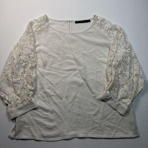Hazel Shirt Womens Large Ivory Lace Sleeve Keyhole Back Raglan Boho Top Blouse